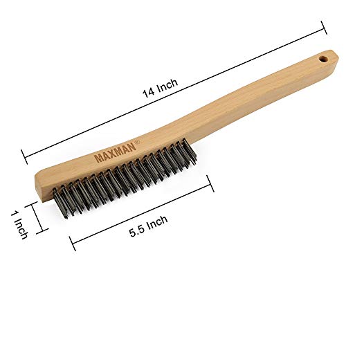 MAXMAN Wire Brush, Heavy Duty Carbon Steel and Stainless Steel Wire Brushes for Cleaning Rust, Grill, Paint Removal, Welding, Stiff Bristle Metal Brush with 14" Long Beech Wood Handle, Large, 2Pcs - Image 3