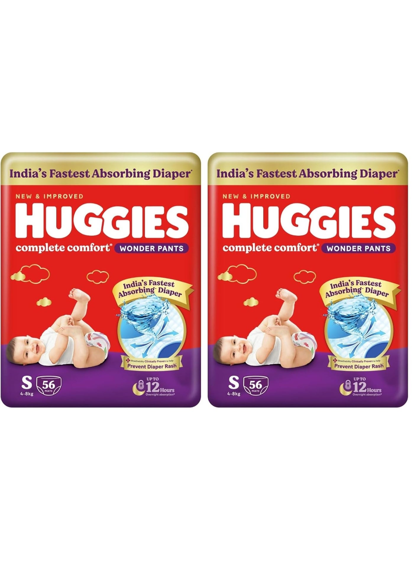 Huggies Complete Comfort Wonder Pants | Pant Style Baby Diapers S Size, 56 Count | India's Fastest Absorbing Diaper, Patented Dry Xpert Channel, Ideal for 4 to 8 Kgs (Pack of 2)