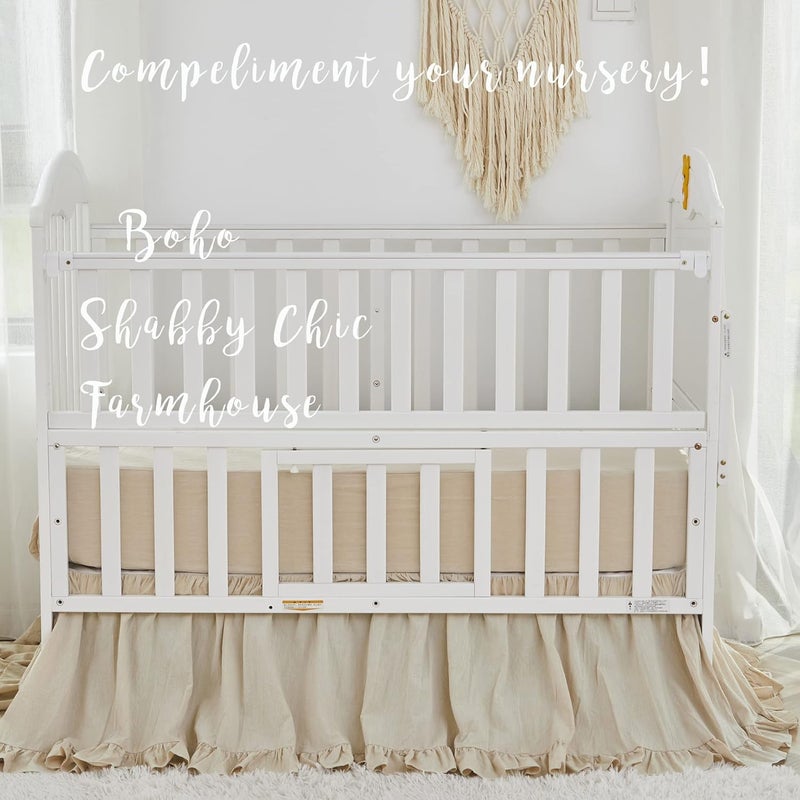 Brandream Boho Bohemian Girl Baby Nursery Crib Bed Skirt Dust Ruffle - Neutral Solid Color Beige Farmhouse Chic 100% Washed Cotton Ruffle - Image 4
