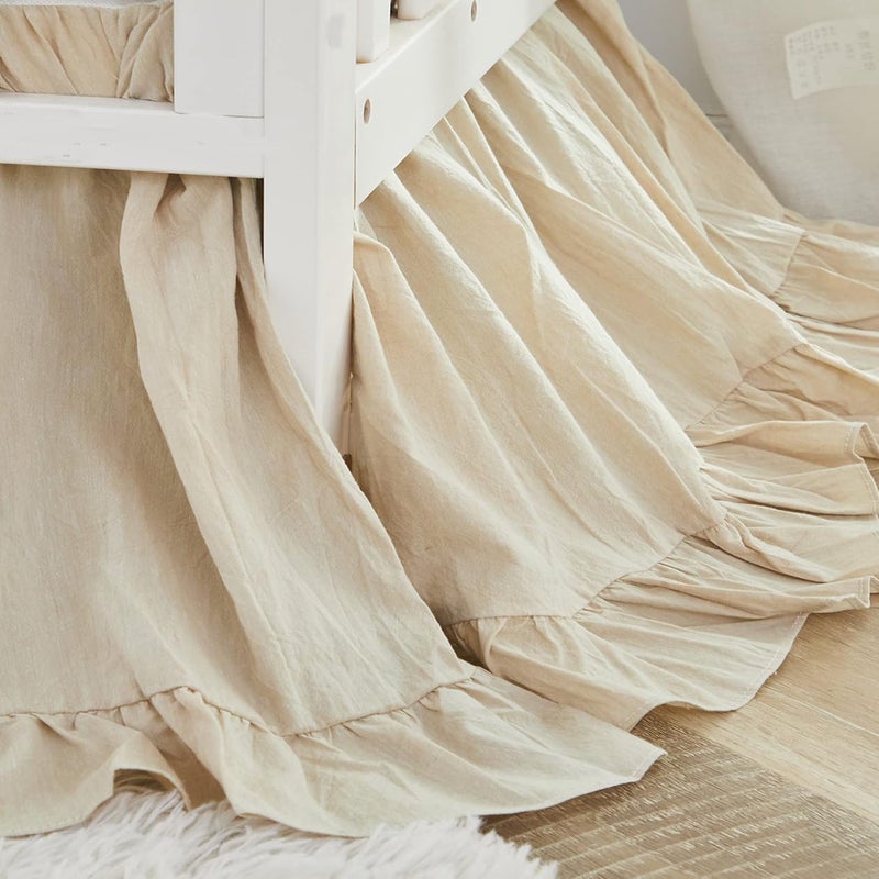 Brandream Boho Bohemian Girl Baby Nursery Crib Bed Skirt Dust Ruffle - Neutral Solid Color Beige Farmhouse Chic 100% Washed Cotton Ruffle - Image 1