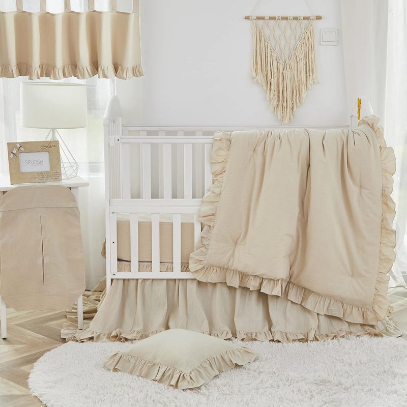 Brandream Boho Bohemian Girl Baby Nursery Crib Bed Skirt Dust Ruffle - Neutral Solid Color Beige Farmhouse Chic 100% Washed Cotton Ruffle - Image 2