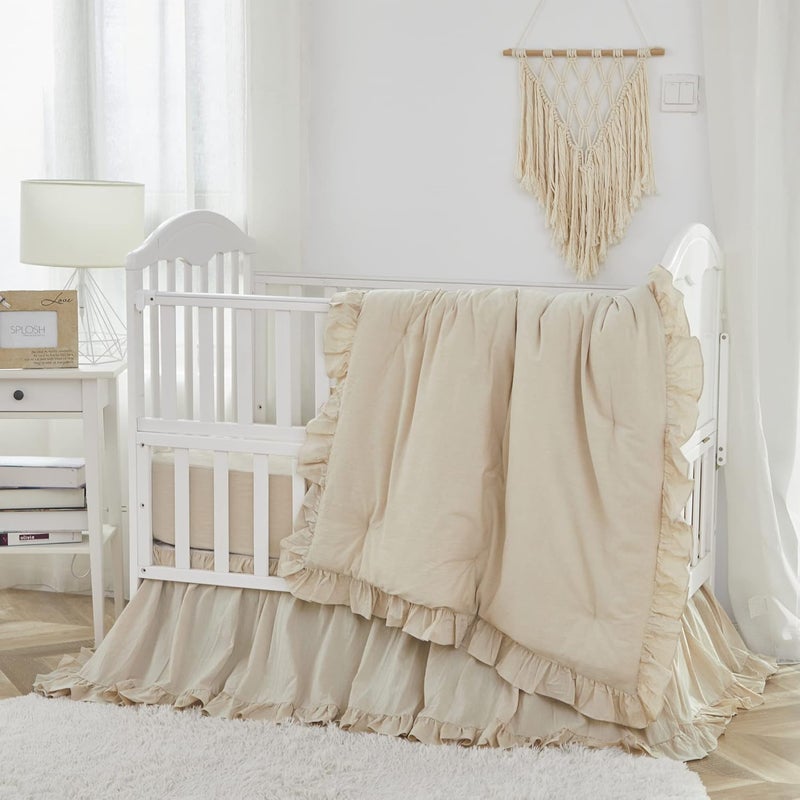 Brandream Boho Bohemian Girl Baby Nursery Crib Bed Skirt Dust Ruffle - Neutral Solid Color Beige Farmhouse Chic 100% Washed Cotton Ruffle - Image 3