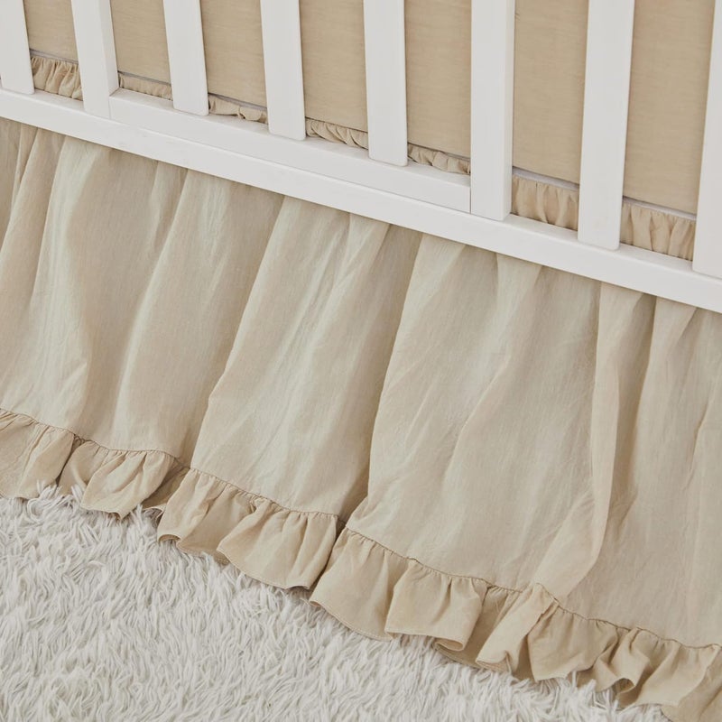 Brandream Boho Bohemian Girl Baby Nursery Crib Bed Skirt Dust Ruffle - Neutral Solid Color Beige Farmhouse Chic 100% Washed Cotton Ruffle - Image 5