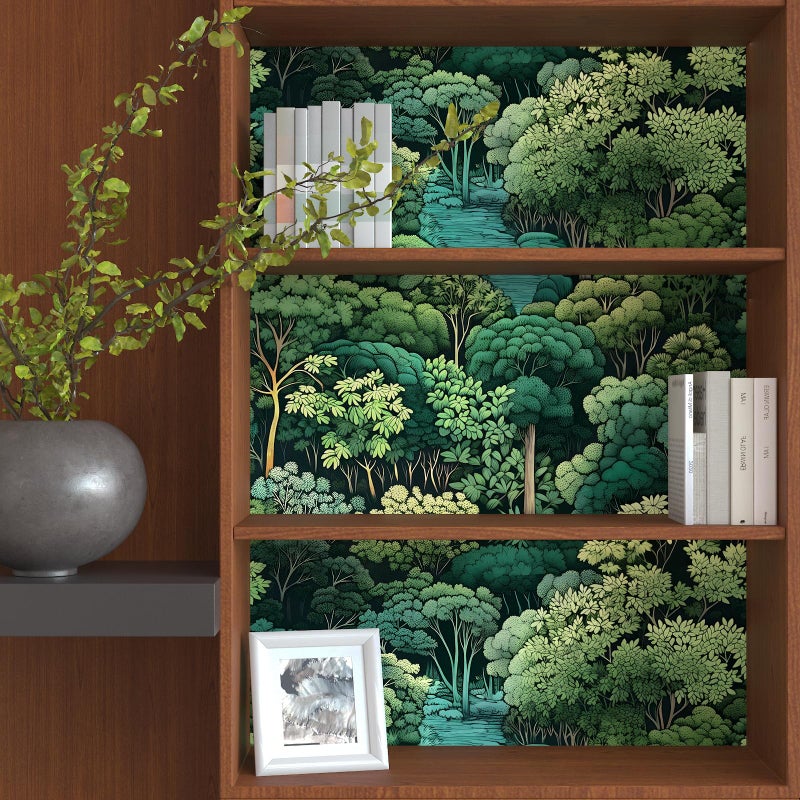 Laatse Green Wallpaper Peel and Stick, Forest Trees Contact Paper 17.5" x 393.7", Woodland Mountain Vintage Botanical Wall Paper Self Adhesive Waterproof Removable for Room Shelves Cabinet Drawer Table Decor - Image 5