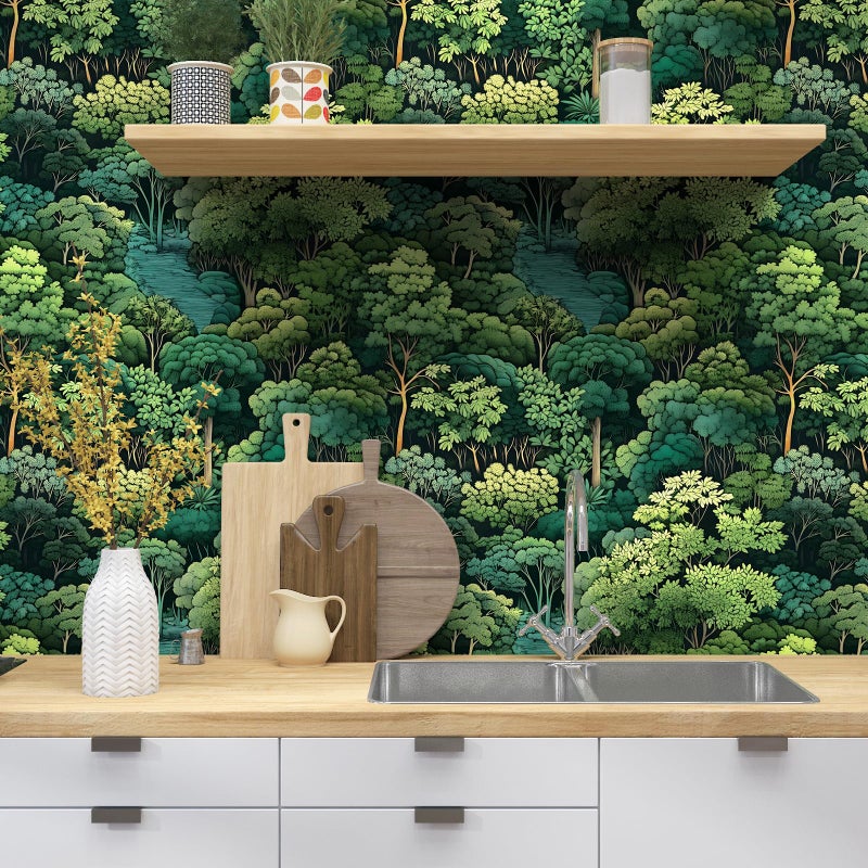 Laatse Green Wallpaper Peel and Stick, Forest Trees Contact Paper 17.5" x 393.7", Woodland Mountain Vintage Botanical Wall Paper Self Adhesive Waterproof Removable for Room Shelves Cabinet Drawer Table Decor - Image 3