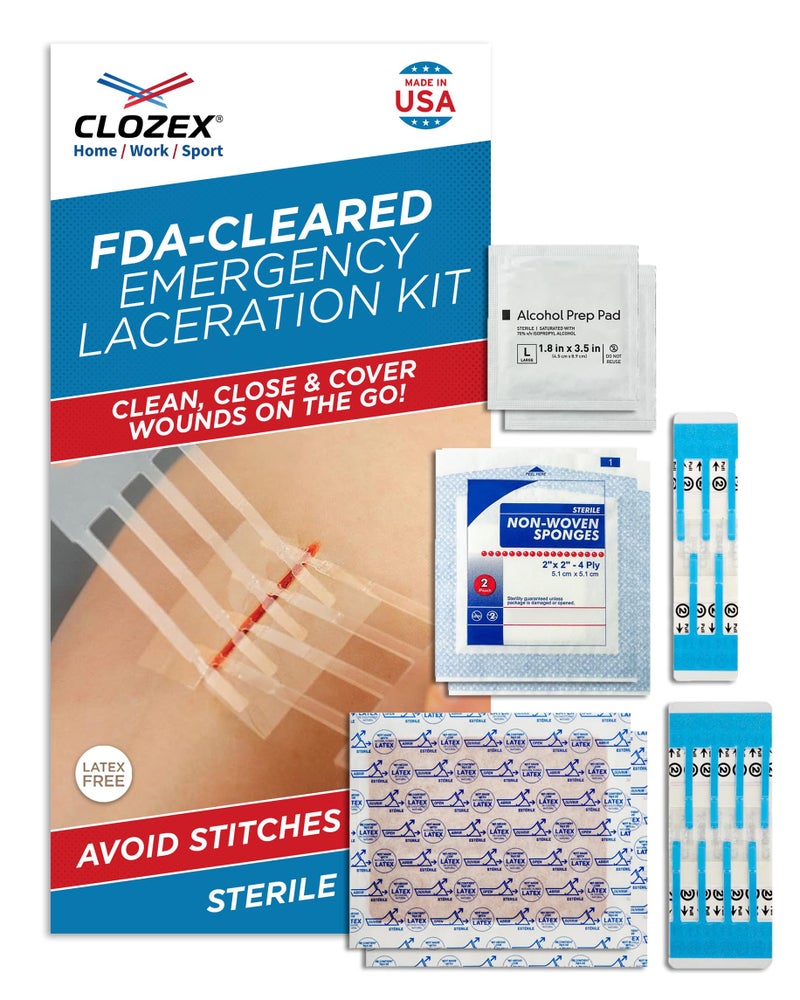 Clozex Complete Emergency Laceration Kit - Repair Wounds Without Stitches, FSA HSA Eligible Skin Clean Cover Closure Device for 2 Individual Or Combine for 2 1/2 in. Length - Image 1