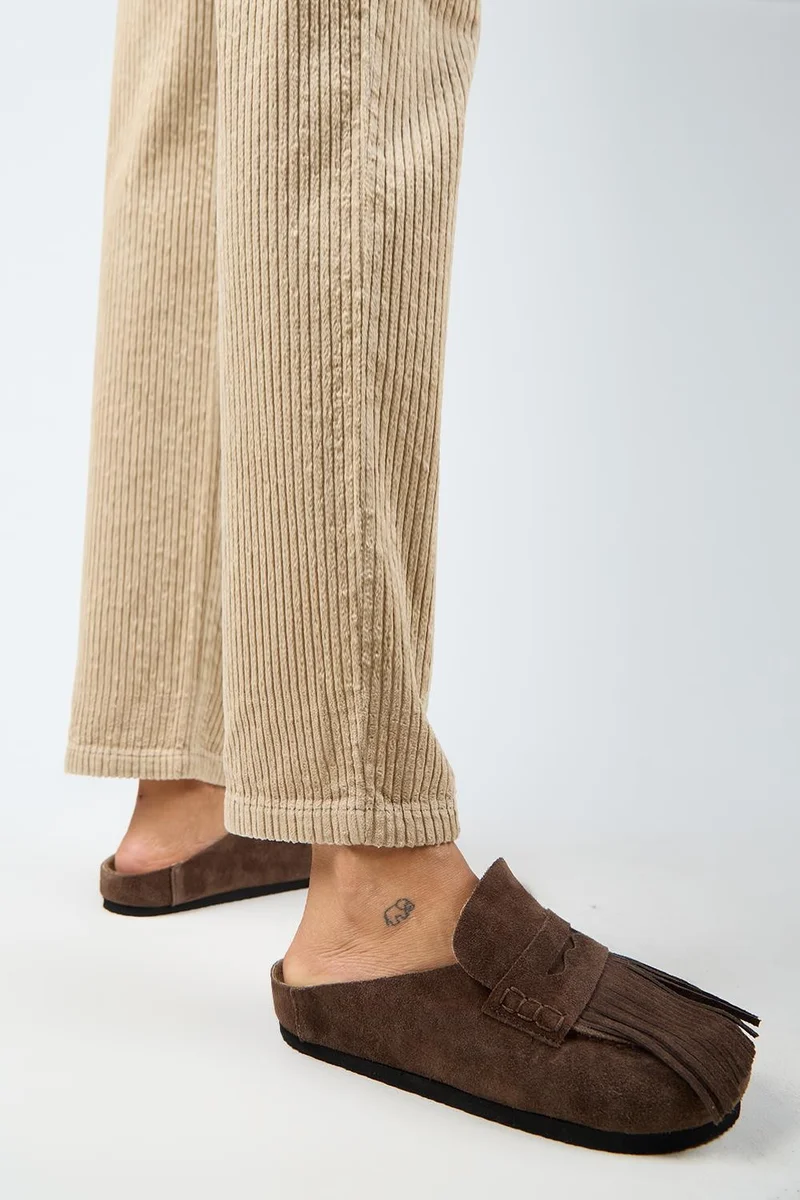 Manijero Manijero Madora Women's Genuine Leather Tasseled Clog Coffee Slippers