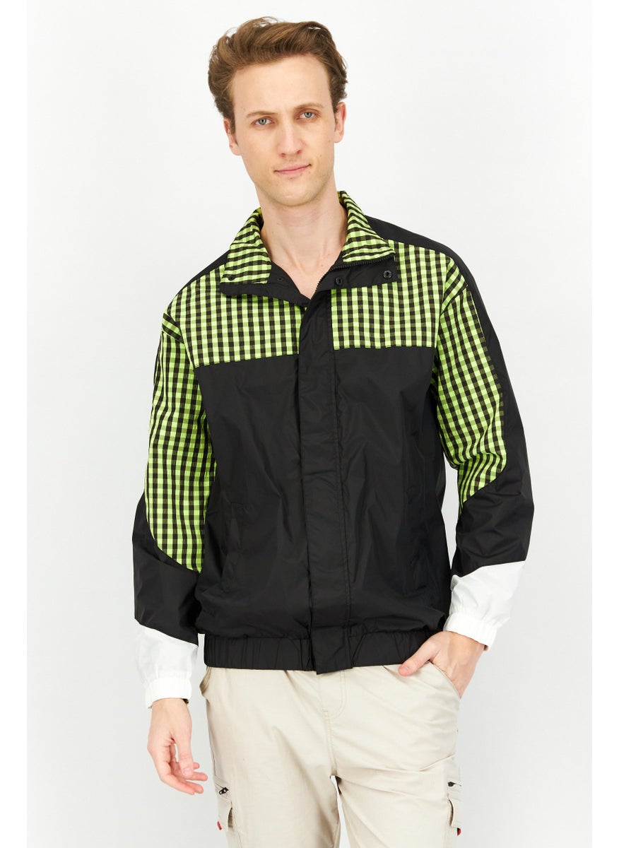 Jack Jones Men High Neck Gingham Long Sleeve Windbreaker Jacket, Black  - Image 1