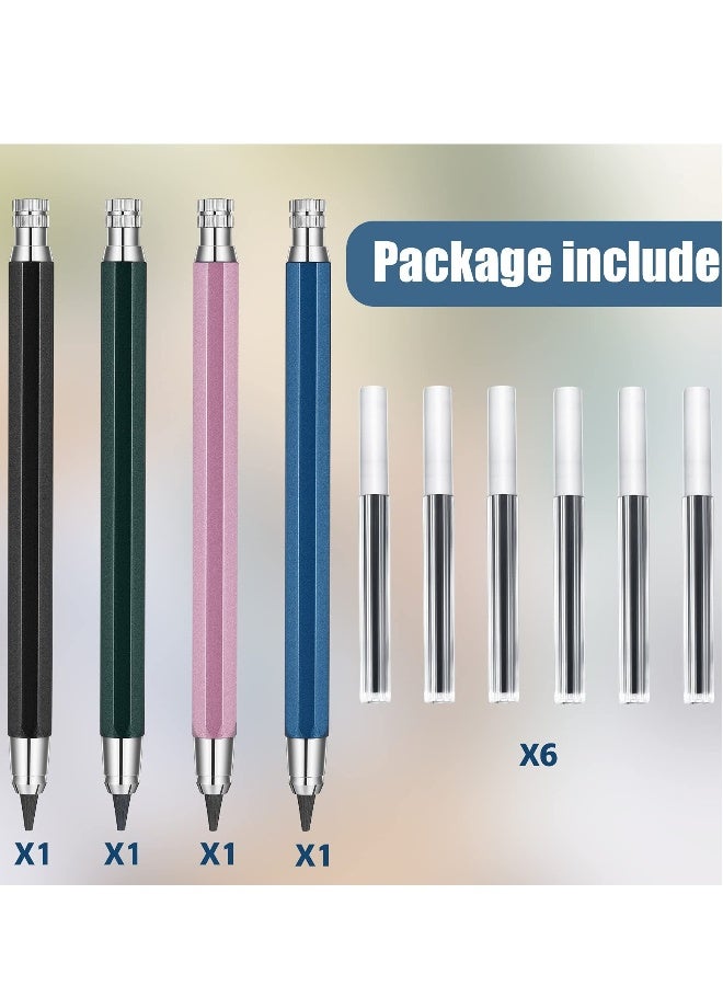 Mechanical Pencils Set, 4 Pieces 5.6 mm Sketch Metal Automatic Graphite Pencil with 6 Tubes Refills Pencil Replacements for Woodworking Architect Art Painter Drawing Crafting - Image 2