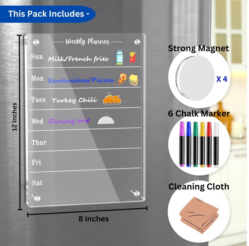 True-AllyWeekly Planner Acrylic Glass Clear Calendar for Fridge Magnetic Board for Refrigerator, Weekly Meal Planner Includes 6 Markers (12"x8"Inches) - Image 3