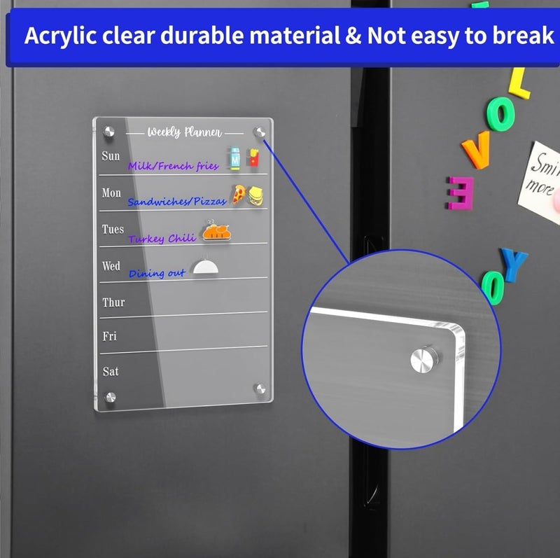 True-AllyWeekly Planner Acrylic Glass Clear Calendar for Fridge Magnetic Board for Refrigerator, Weekly Meal Planner Includes 6 Markers (12"x8"Inches) - Image 2