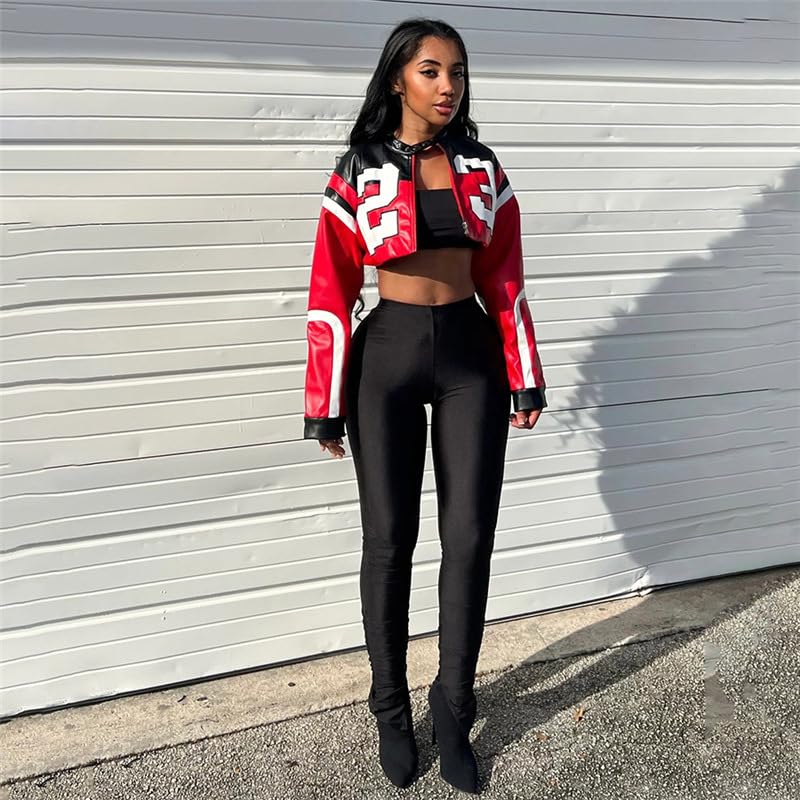 VOIKERDR Leather Jacket Cropped Jacket Motorcycle Jacket Y2K Letter Bomber Jacket Women Faux Leather Jacket Streetwear - Image 2
