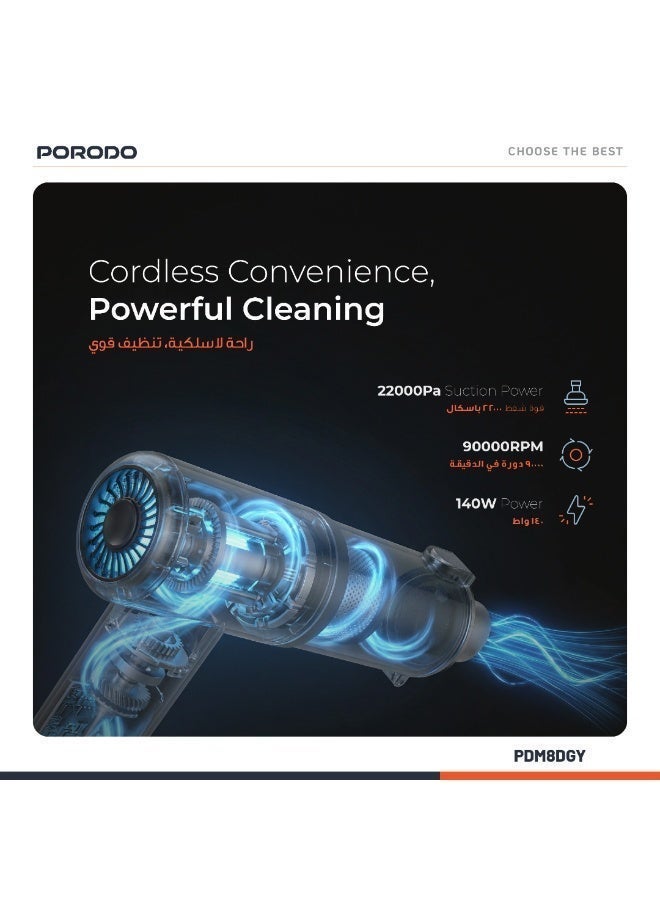 Porodo Tornado Pro Air Duster & Vacuum Cleaner / 22000Pa Suction / 90000RPM Motor / Cordless 2-in-1 Cleaning / Detachable Nozzles / USB-C Rechargeable / F9 Filtration - Grey - Image 2
