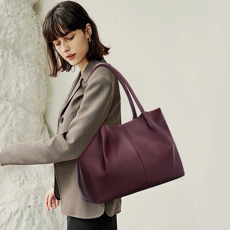 KKXIU Tote Bag for Women Vegan Leather Shoulder Purse Large Capacity Travel Bag (Wine) - Image 2