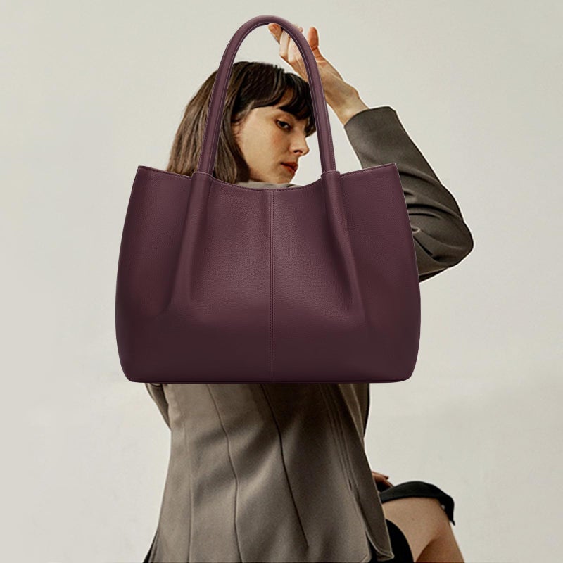 KKXIU Tote Bag for Women Vegan Leather Shoulder Purse Large Capacity Travel Bag (Wine) - Image 3