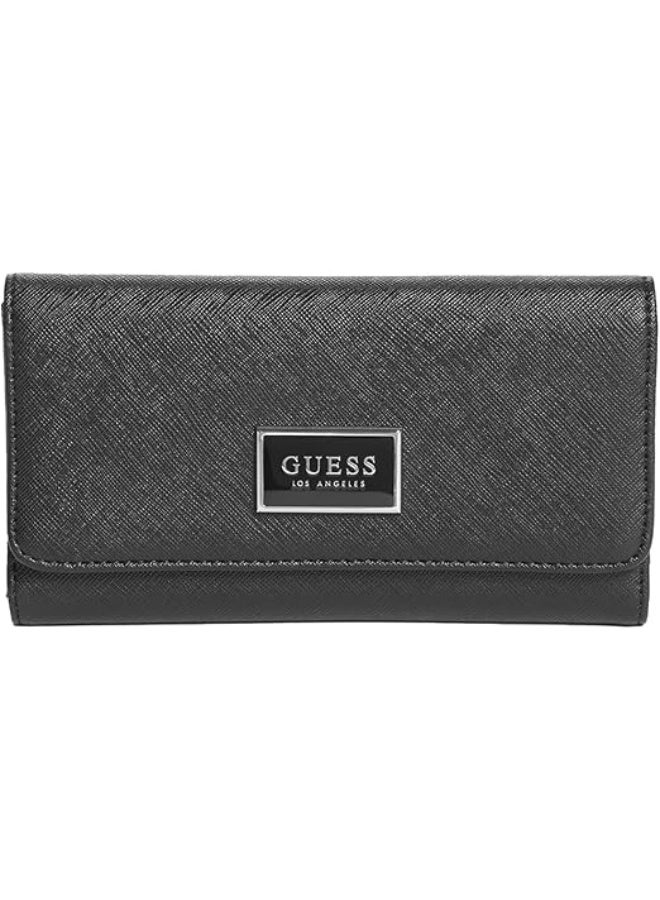 جس محفظة نسائية من GUESS Factory، بتصميم نحيف ثلاثي الطي ونقشة "سافيانو" (Saffiano) وشعار العلامة، باللون الأسود. - Image 1