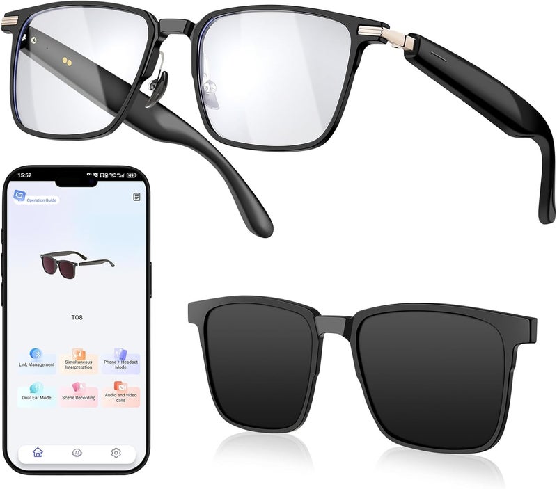 نظارات مع الذكاء الاصطناعي ، نظارات شمسية بلوتوث للرجال والنساء مع ترجمة الوقت الحقيقي الضوء الأزرق وحماية الأشعة فوق البنفسجية عدسات قابلة للتبديل - Image 1