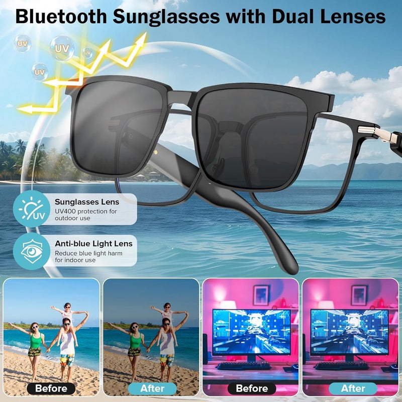 نظارات مع الذكاء الاصطناعي ، نظارات شمسية بلوتوث للرجال والنساء مع ترجمة الوقت الحقيقي الضوء الأزرق وحماية الأشعة فوق البنفسجية عدسات قابلة للتبديل - Image 3
