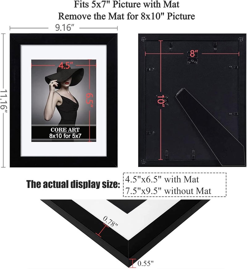 CORE ART 8x10 Black Picture Frame Display Pictures 5x7 with Mat or 8x10 without Mat, Wall and Tabletop Display Gallery Frame Set of 4 - Image 2
