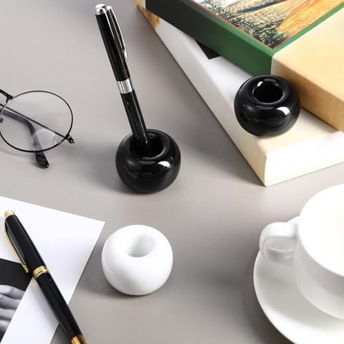 Newtay 3 Pcs Ceramic Pen Holder Sleek Mini Ceramic Toothbrush Holder Stand for Bathroom Vanity Countertops Single Pen Stand for Desk Home Office School Students Teachers, Black and White - Image 3