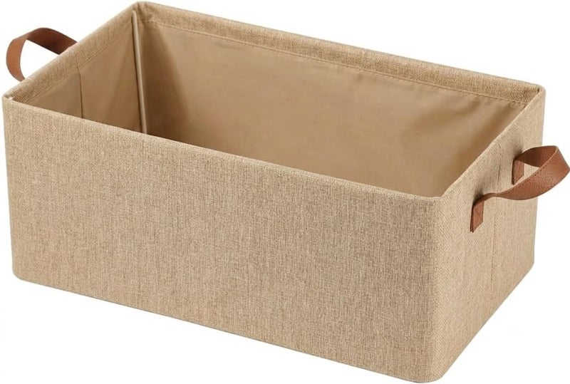Collapsible Fabric Storage Basket Organizer Box with Leather Handles - Beige - Image 1