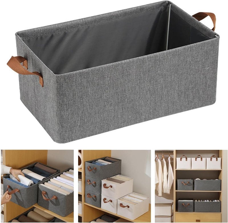 Collapsible Fabric Storage Basket Organizer Box with Leather Handles - Beige - Image 3