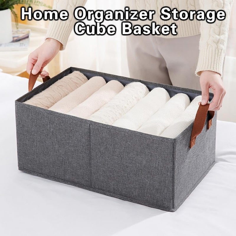 Collapsible Fabric Storage Basket Organizer Box with Leather Handles - Beige - Image 2