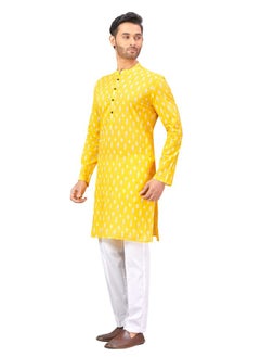 Studio Shringaar Studio Shringaar Men's Haldi Yellow Mustard 100% Cotton Block Printed Knee Length Kurta (MK180, Yellow, Medium)  - Image 4