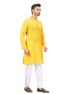 Studio Shringaar Studio Shringaar Men's Haldi Yellow Mustard 100% Cotton Block Printed Knee Length Kurta (MK180, Yellow, Medium)  - Image 3