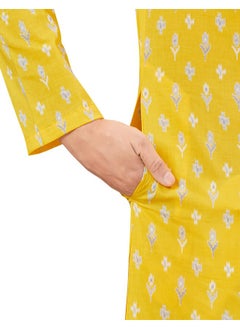 Studio Shringaar Studio Shringaar Men's Haldi Yellow Mustard 100% Cotton Block Printed Knee Length Kurta (MK180, Yellow, Medium)  - Image 5