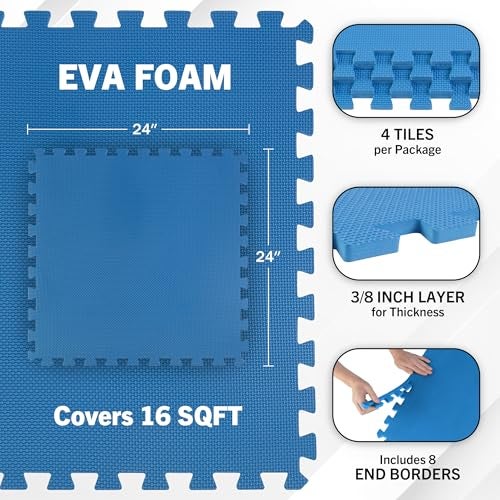 Stalwart EVA Foam Mat Tiles 4-Pack - 16 SQ FT of Interlocking Padding for Garage, Playroom, or Gym Flooring - Exercise Mat or Baby Playmat by Stalwart (Blue) - Image 2