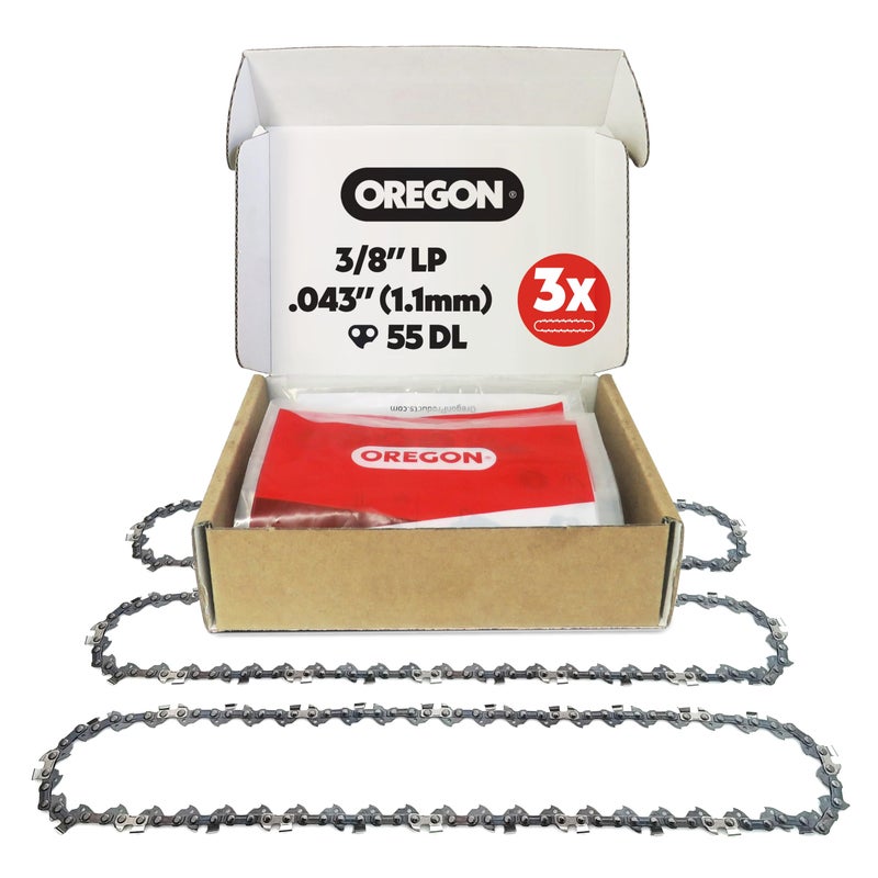 Oregon 3-Pack Chainsaw Chain 3/8" LP Pitch, .043" (1.1 mm) Gauge for 16" (40cm) Bar, 55 Drive Links â€“ Low-kickback Replacement Saw Chain, Fits Several Stihl Chainsaw Models - Image 1