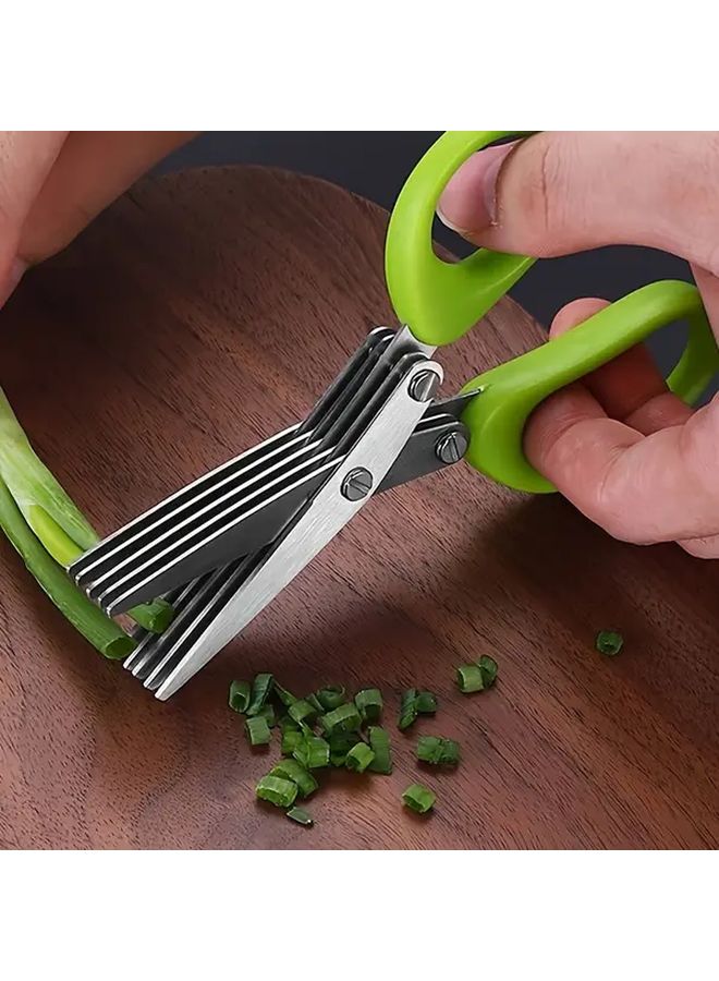 5 Layer Stainless Steel Kitchen Scissors With Sharp Blades And Ergonomic Green Handles For Chopping Vegetables Herbs Spices - Image 1