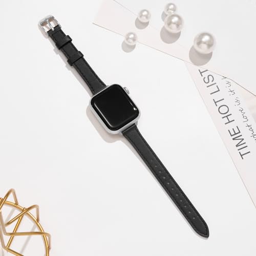 STIROLL Slim Leather Bands Compatible with Apple Watch Band 38mm 40mm 41mm 42mm(Series 11 10), Top Grain Leather Watch Thin Wristband for iWatch SE 9 8 7 6 5 4 3 2 1 (Black Silver) - Image 4