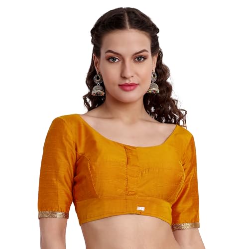 JISB Women's Rayon Plain Blouse with Lace on Elbow Sleeve (Orange, 42) - Image 1