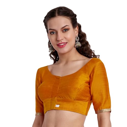 JISB Women's Rayon Plain Blouse with Lace on Elbow Sleeve (Orange, 42) - Image 2
