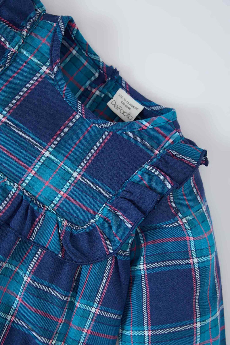 ديفاكتو فستان بيبي بناتي كاروهات فلانيل كم طويل بياقة كبيرة - Image 2