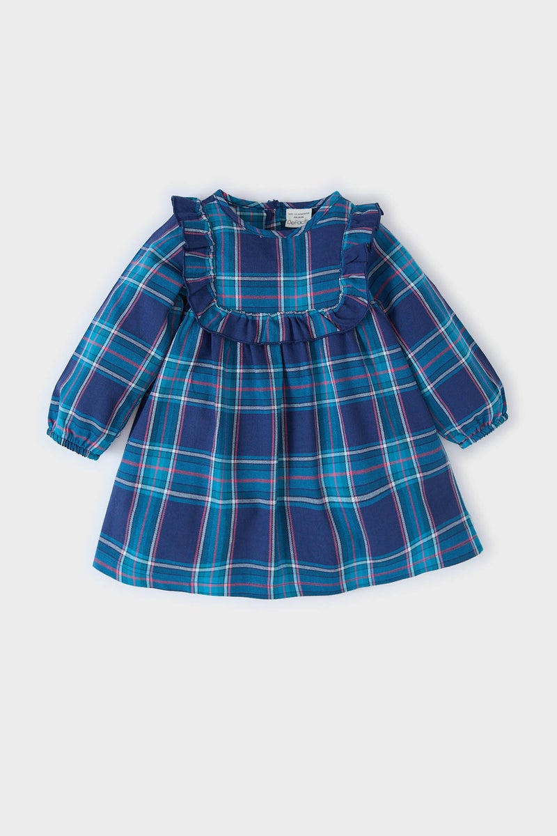 ديفاكتو فستان بيبي بناتي كاروهات فلانيل كم طويل بياقة كبيرة - Image 1