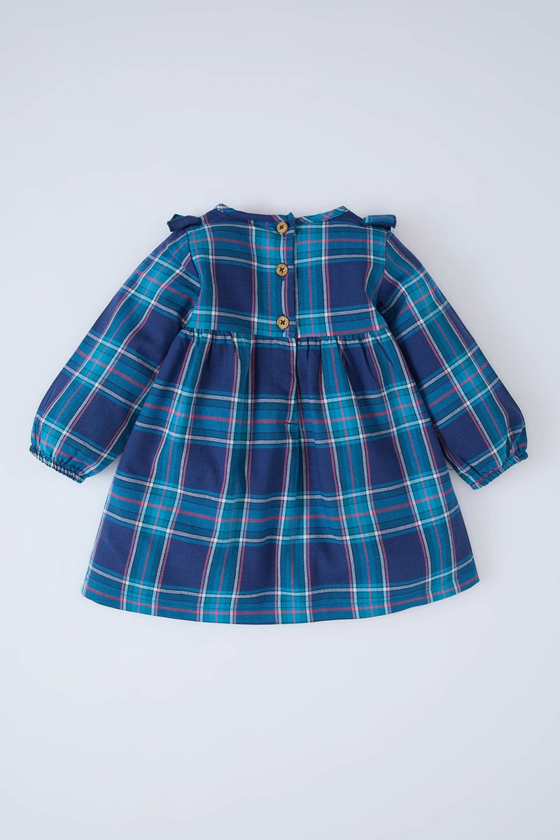 ديفاكتو فستان بيبي بناتي كاروهات فلانيل كم طويل بياقة كبيرة - Image 4