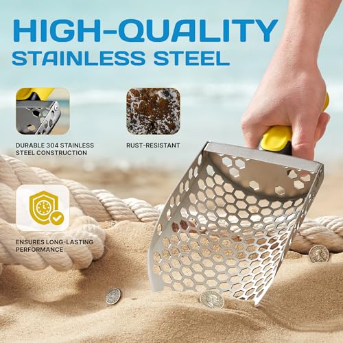 CKG Hand Sand Scoop for Metal Detecting with Ergonomic Yellow Handle, Metal Detecting Shovel for Beach Sand Sifter, Heavy Duty Stainless Steel, Perfect from Metal Detector Accessories - Image 5