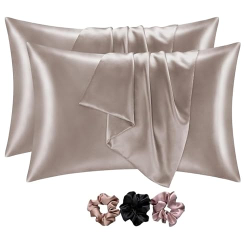 GO WELL Solid Satin Silk Pillow Covers Pack of 2 for Hair and Skin-with Satin Scrunchies |Satin Pillow coves for Hair and Skin|scrunchies for Women 3-Piece|Silk Pillow case (NewRose) 600TC - Image 1