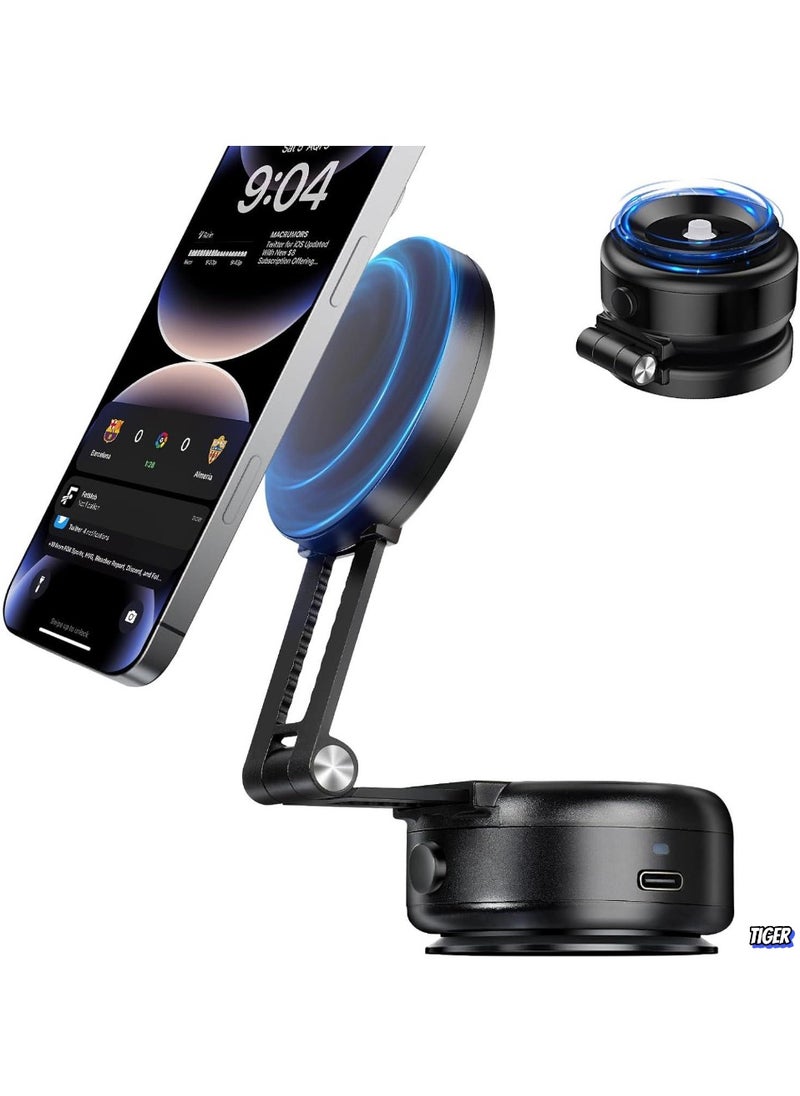 TIGER - Electric Vacuum Magnetic Suction Phone Mount – 360° Rotating Magnetic Phone Holder, Foldable Smart Double-Sided Suction Design, Strong Magnetic Car Phone Holder for Cars, Mirrors & Smooth Surfaces - Image 1