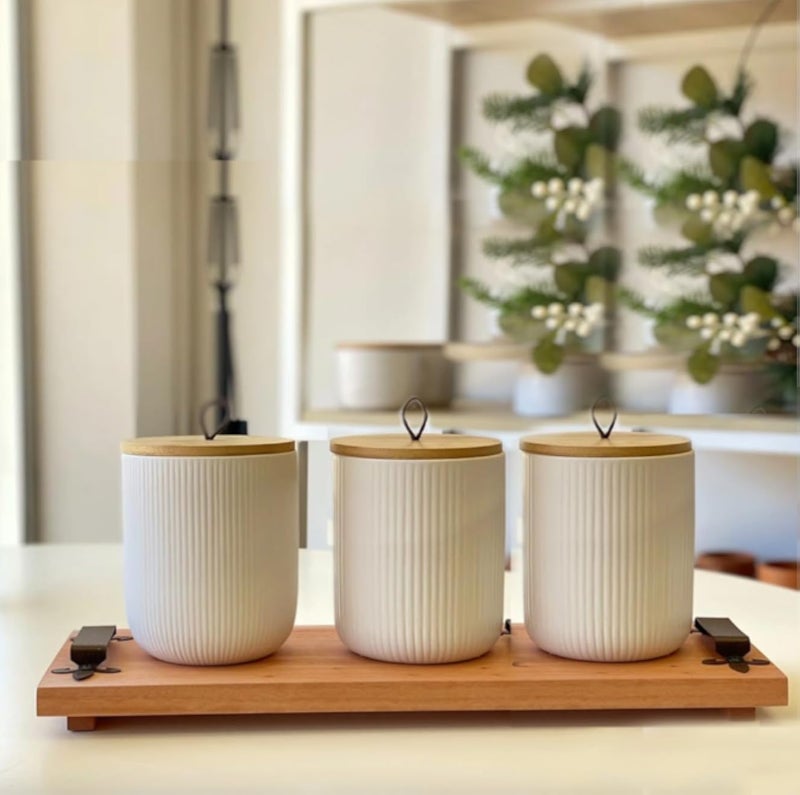 Kitchen Essentials I-kea Tea Coffee Sugar Porcelain Canister Set of 3 â€“ Airtight Kitchen Storage Containers with Wooden Lids for Pantry & Countertop Organization, High End Spices Jars (White)