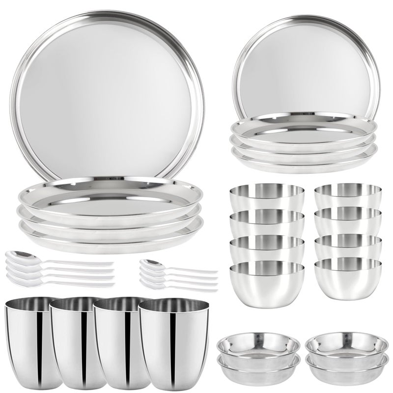 WG inc Stainless Steel Dinner Set of 32 Pcs Dinner Plates Quarter Plates Glasses Spoons Dishes Bowls Metal Dinnerware Set Dishwasher Safe Camping Set Service for 4 Sticker Free