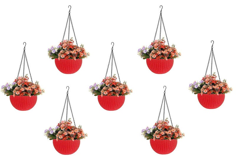 Bianco Round Rattan Woven Hanging Planters with Hanging Chain, Hanging Pots for Plants Balcony (Red, Set of 7, 7.1x4.8 Inch) - Image 1