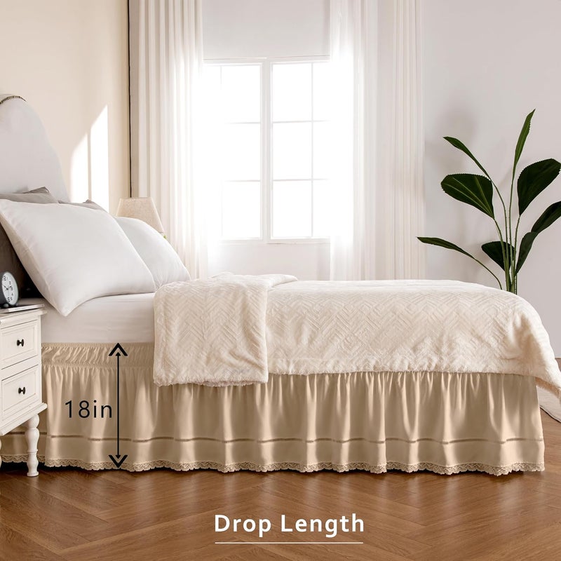 Wrap Around Ruffled Lace Bed Skirt, Elastic Dust Ruffle with Adjustable Belts, Easy to Put On, Bed Frame Cover, Machine Washable (Floral Lace/Cream, King/Queen-18 Drop) - Image 4