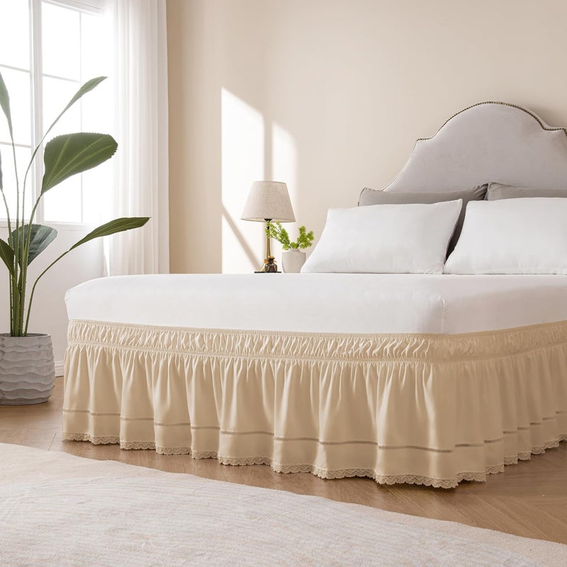 Wrap Around Ruffled Lace Bed Skirt, Elastic Dust Ruffle with Adjustable Belts, Easy to Put On, Bed Frame Cover, Machine Washable (Floral Lace/Cream, King/Queen-18 Drop) - Image 2