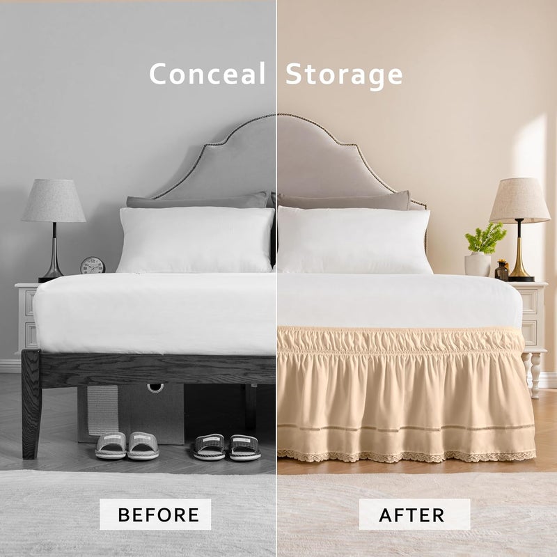 Wrap Around Ruffled Lace Bed Skirt, Elastic Dust Ruffle with Adjustable Belts, Easy to Put On, Bed Frame Cover, Machine Washable (Floral Lace/Cream, King/Queen-18 Drop) - Image 3
