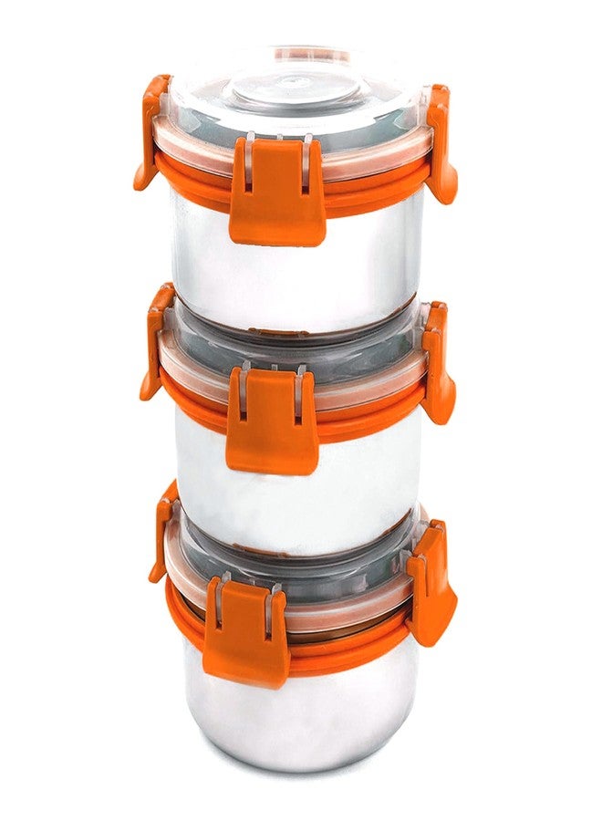POGON Leakproof Stainless Steel Smart Lock Lunch Box, Tiffin Box for Office, Container Lunch Box, Orange, (300ml), Pack of 3 - Image 1