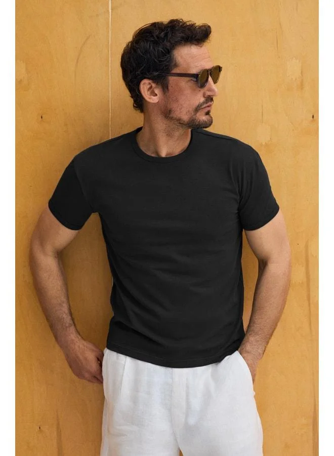 GRIMELANGE PRIMOR Men's Soft and Flexible Fabric Organic Cotton Round Neck Black T-Shirt.